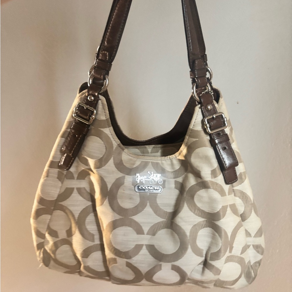 Coach Cream and Brown Hobo Bag with Signature Design-Madison Maggie , clean - Picture 6 of 11